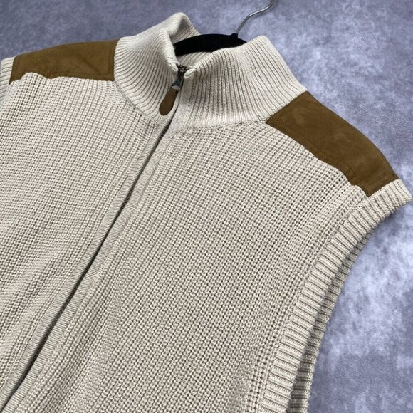 Orvis Signature Beige Knit Zip Sweater Vest W/Tan Patches Hunting Men's “L” - Picture 4 of 11